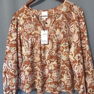 RAGA Rust Paisley Peasant Blouse with Blue & Cream Accents
